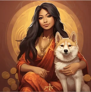 CoinBharat artwork of an Indian woman, surrounded by SHIB tokens, with a Shiba Inu dog