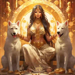 CoinBharat artwork of an Indian goddess-like female figure, guarded by Shiba Inu dogs, surrounded by treasure