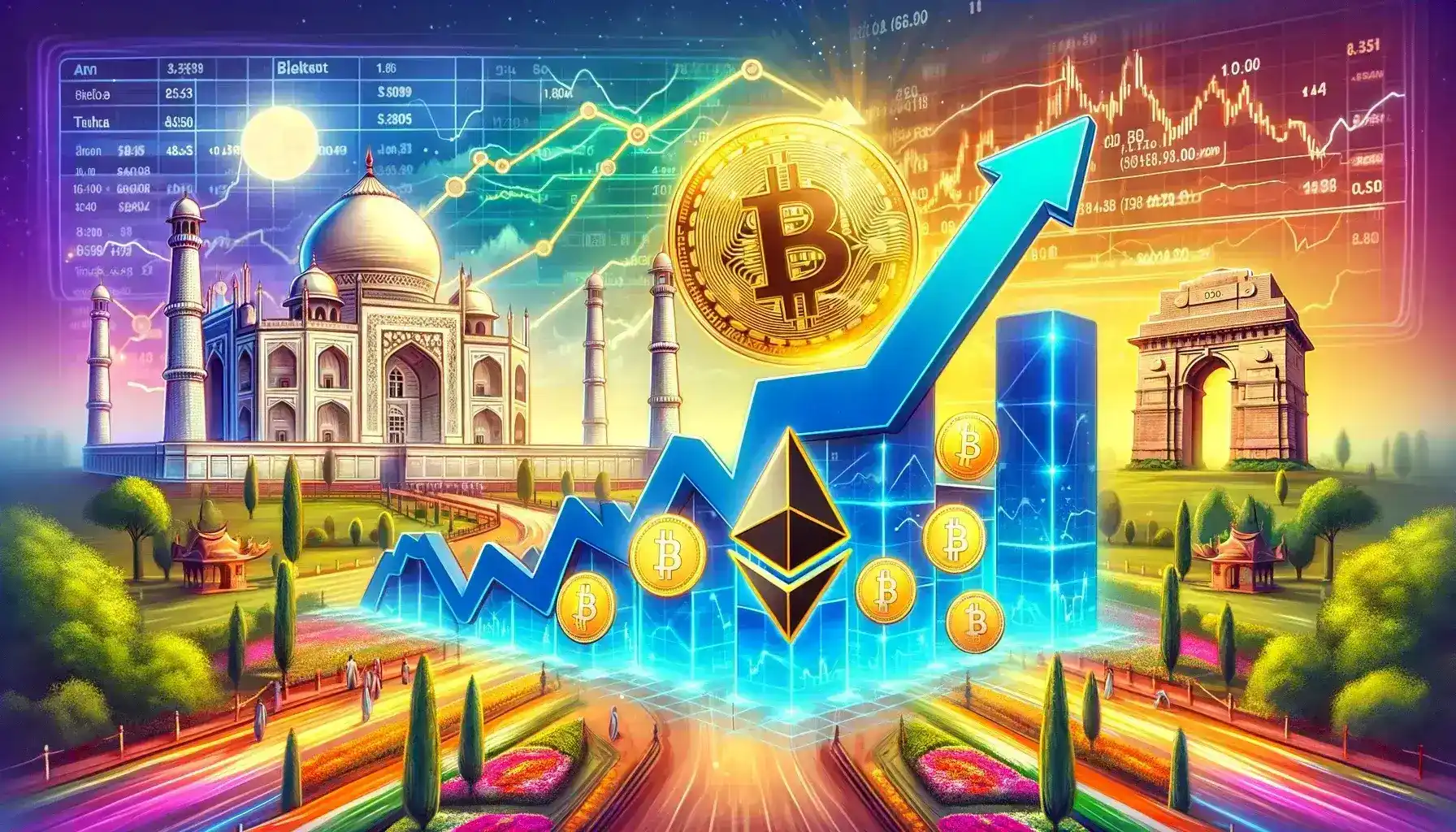 CoinBharat artwork of crypto surging amidst Indian voting in 2024