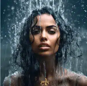 CoinBharat artwork of a beautiful woman bathing under a waterfall