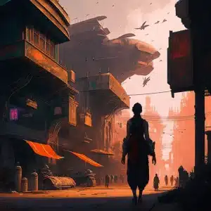 artwork of an alley in a cyberpunk city