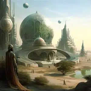 futuristic green-powered city CoinBharat artwork