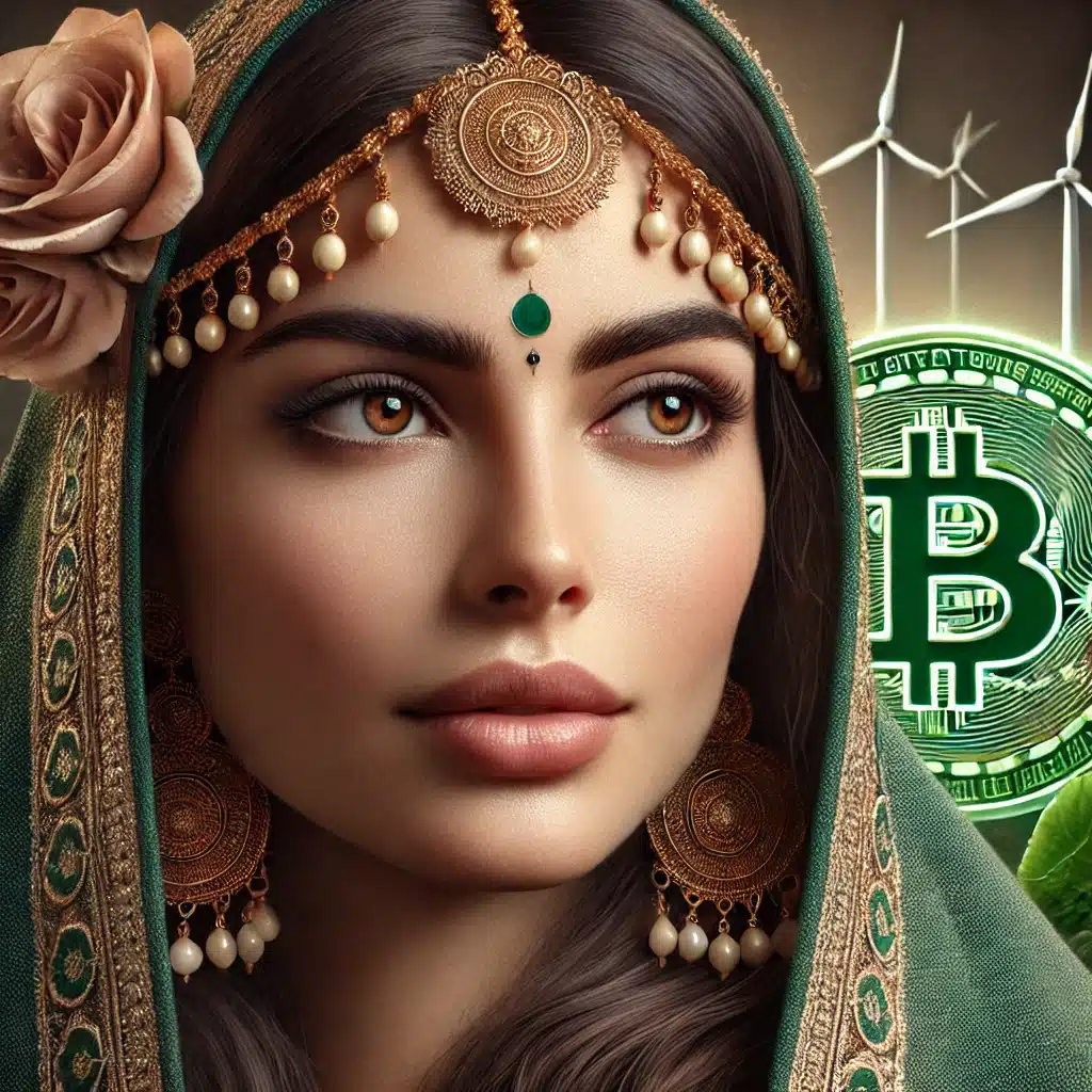 Environmentally conscious woman learning news about improved sustainability for Bitcoin - CoinBharat artwork