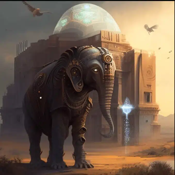 CoinBharat artwork of an elephant in a utopic futuristic city