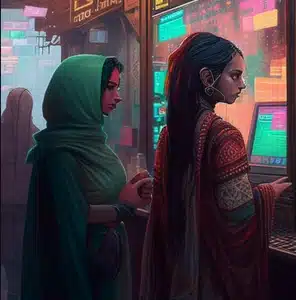 CoinBharat artwork of women buying Bitcoin using terminals in a futuristic city