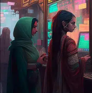 artwork of Indian women buying ETH at a futuristic terminal