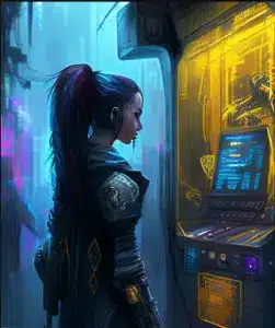 CoinBharat artwork of an Indian woman buying Bitcoin from an ATM in a cyberpunk city