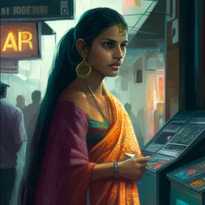 Indian woman buying Bitcoin from a Bitcoin ATM - CoinBharat artwork