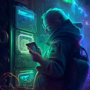 man trading altcoins in a futuristic setting - artwork