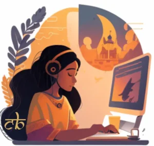 CoinBharat artwork of a young woman investing from her laptop whilst listening to music