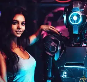 CoinBharat artwork of a woman alongside her robot invention