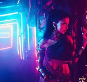 CoinBharat artwork of an Indian woman in a cyberpunk, futuristic nightclub