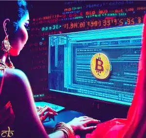 CoinBharat artwork of an Indian woman buying Bitcoin on her laptop