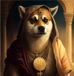 CoinBharat artwork of the Dogecoin mascot anthropomorphised and almost deified