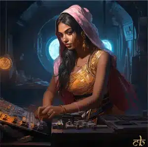 CoinBharat artwork of a woman mining LTC in a cyberpunk setting