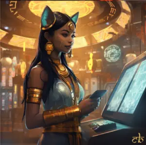 CoinBharat artwork of a beautiful Indian woman buying crypto tokens in a futuristic setting, cosplaying as the Dogecoin Shiba Inu dog masco