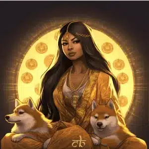 artwork of a goddess-like woman with shiba inu dogs