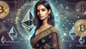 CoinBharat artwork of a woman against the backdrop of ETH tokens