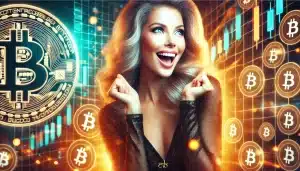 Woman celebrating Bitcoin's new $100K milestone (artwork)